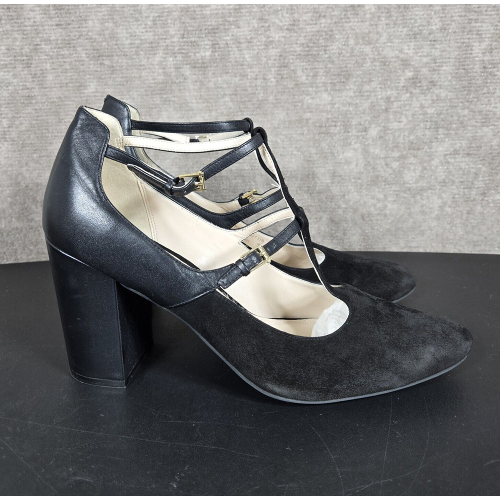 Cole Haan T-Strap Pumps Womens 11 Rheba‎ Black Leather Suede Block Heel Chunky